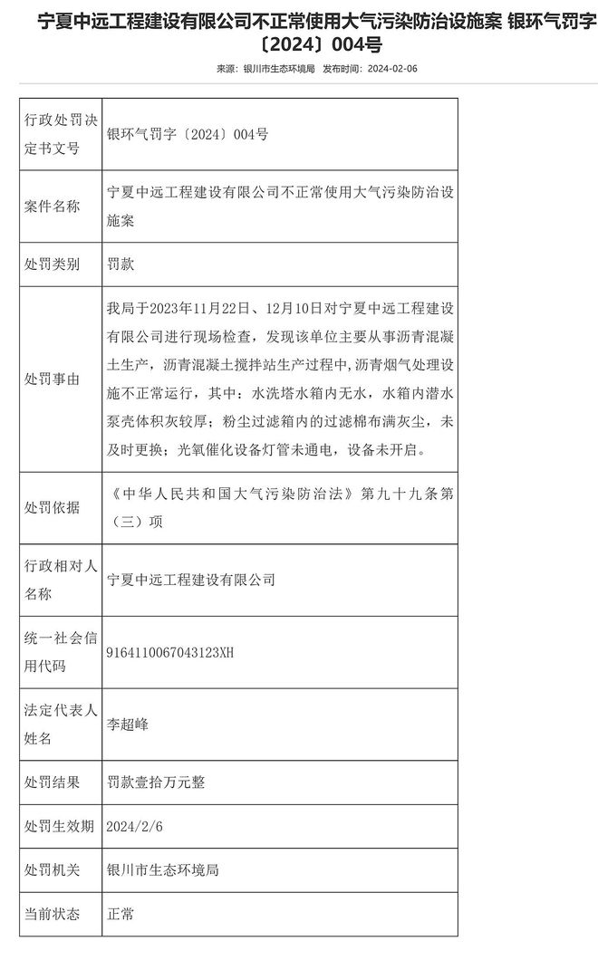 不正常使用大气污染防治设施宁夏中远工程建设有限公司被罚10万(图1)